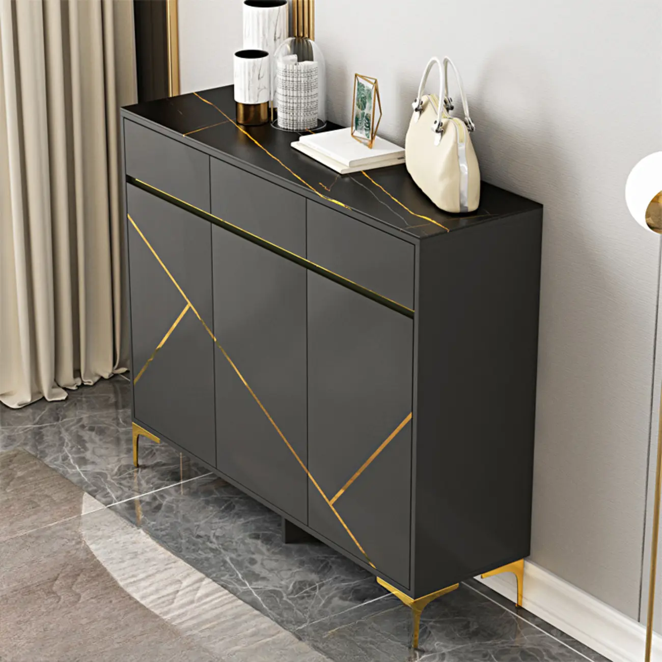 Trendy Gray Wood Shoe Cabinet with Drawers & Display Top