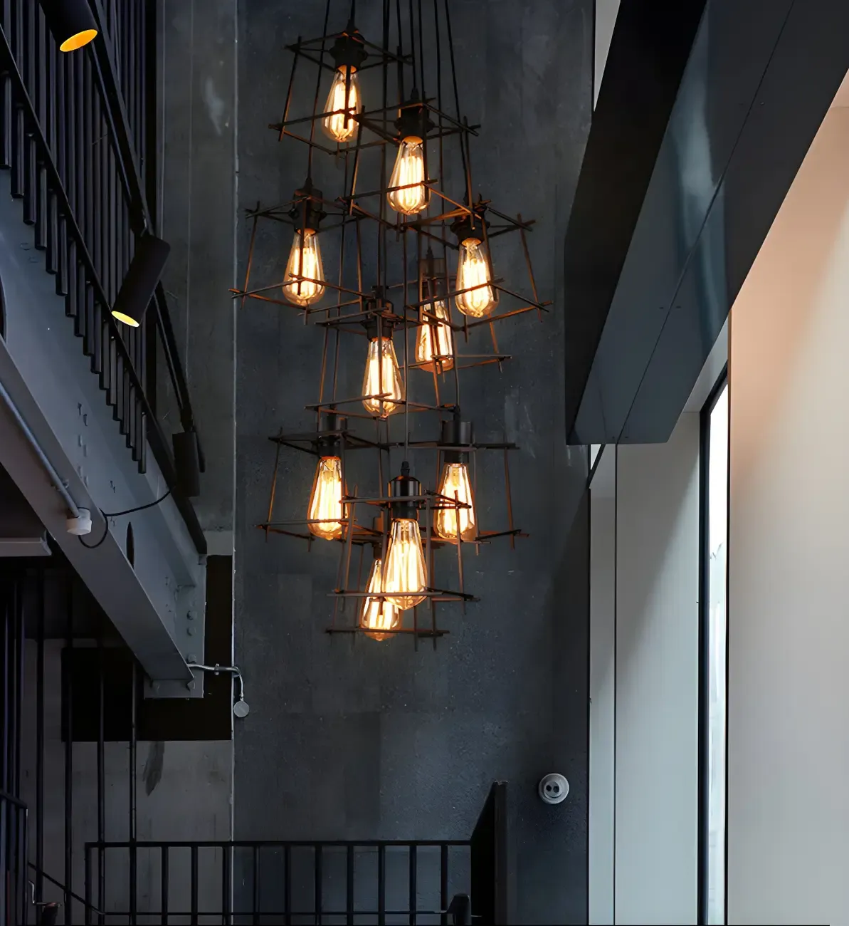 Large 10-Light Black Caged Industrial Pendant Chandelier