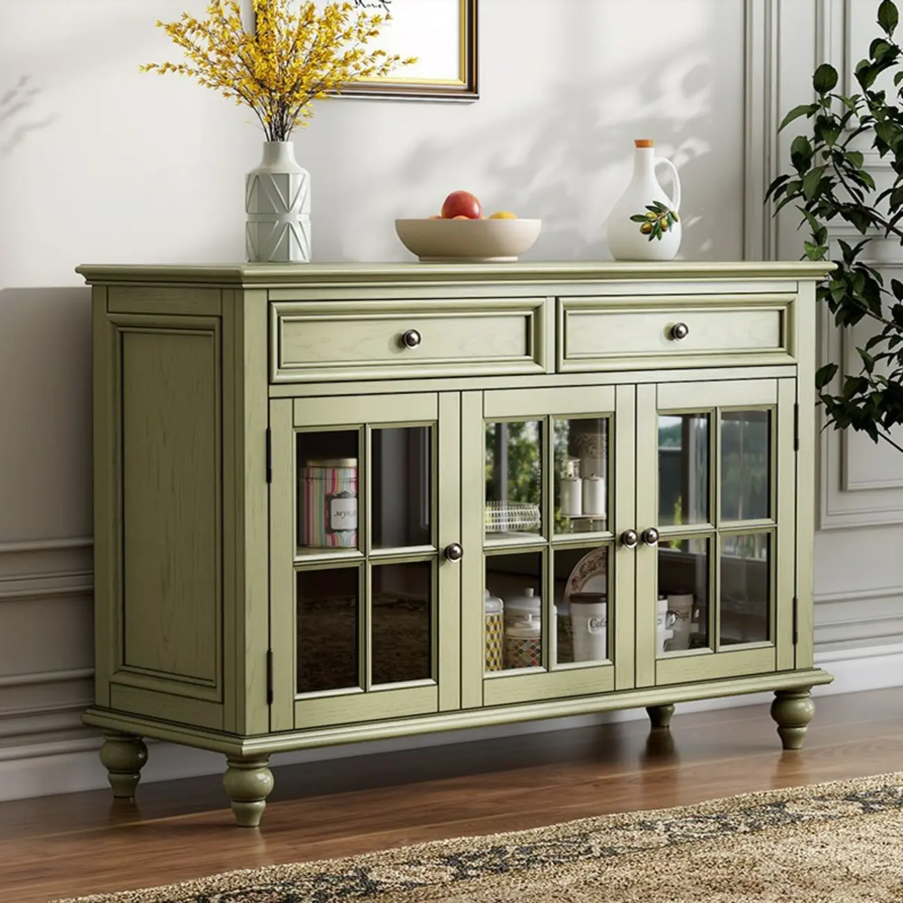 French Country Green Wooden Sideboard with Drawers