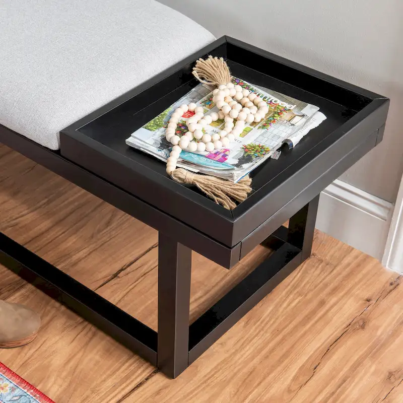 Aliza Grey Upholstered Solid Wood Bench with Tray