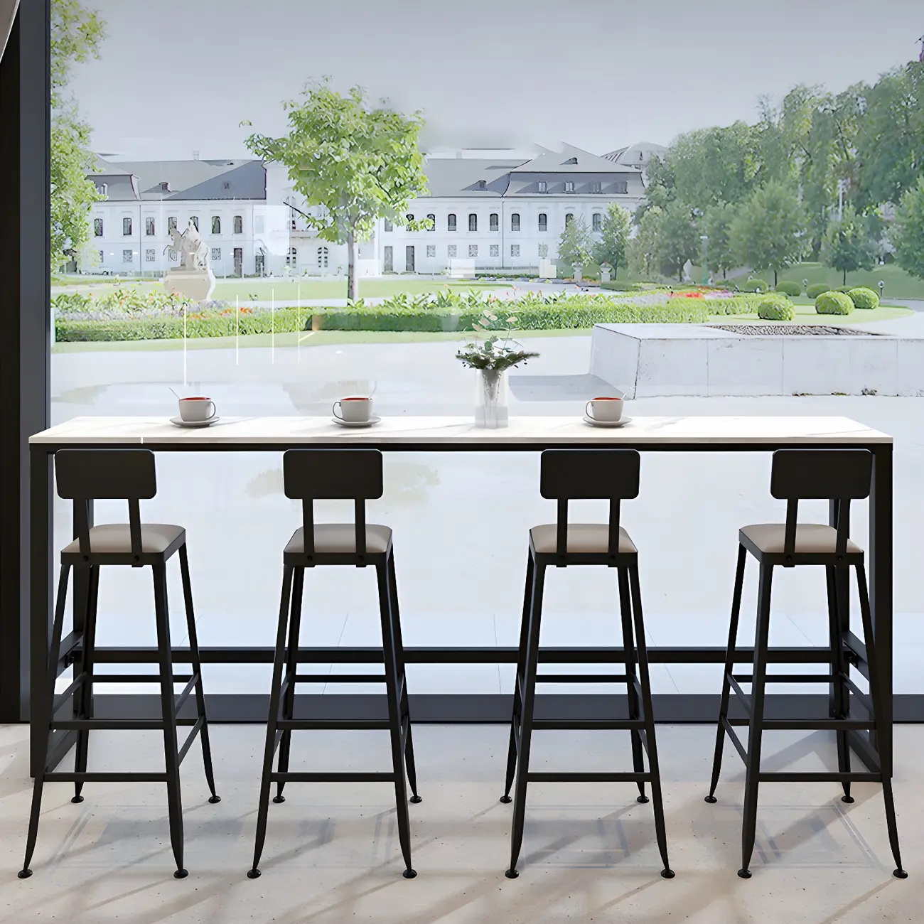 Rectangular White Marble Top Bar Tables with Iron Base