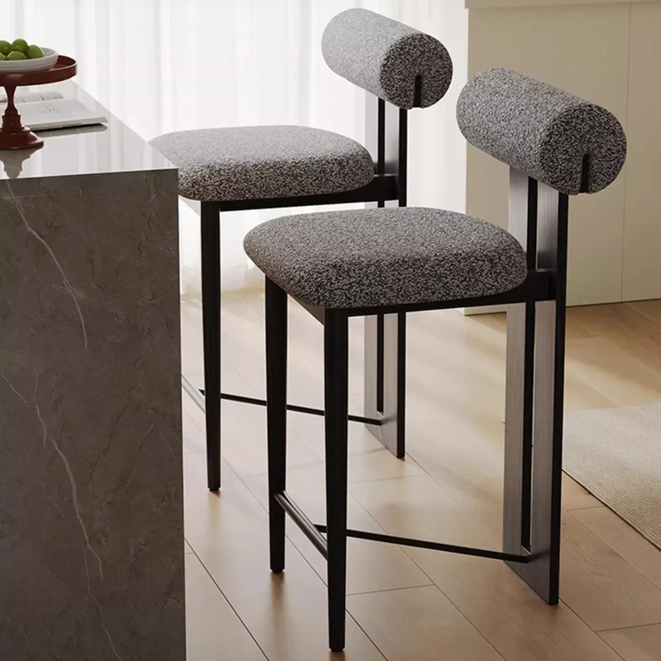 Mid-Century Modern Boucle Wood Counter Bar Stool