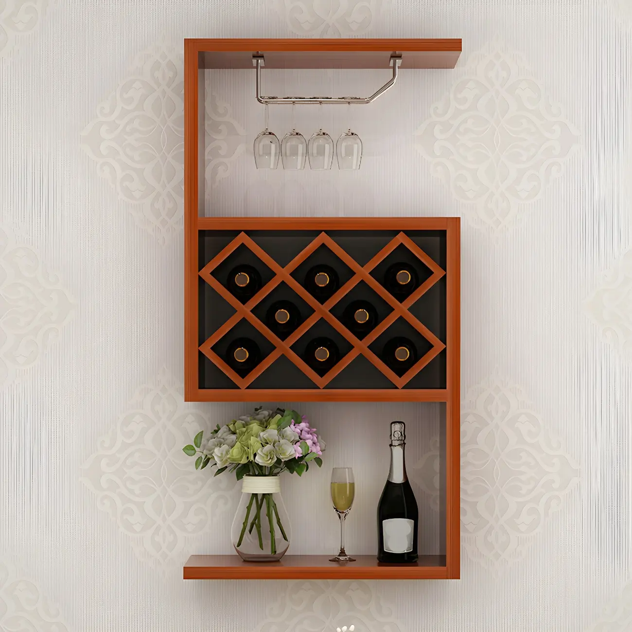 Rubberwood Floating Mount Wine Rack with Stackable Design