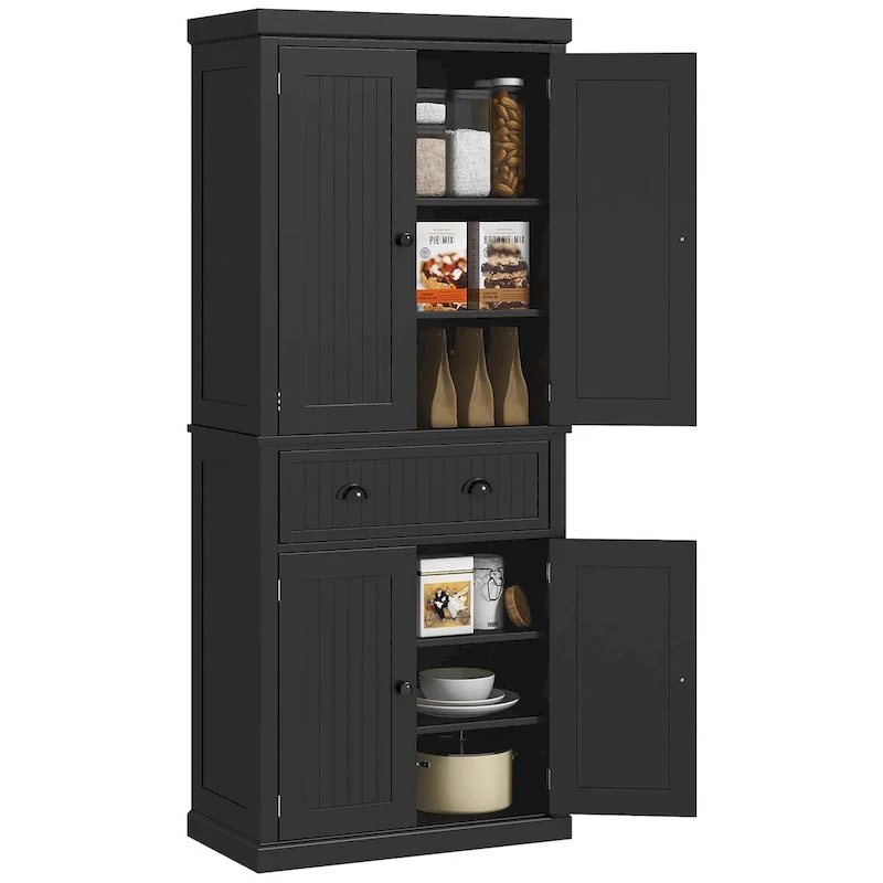 72   Kitchen Pantry Storage Cabinet, Traditional Freestanding Cabinet with 4 Doors and 3 Adjustable Shelves, Large Central Drawer