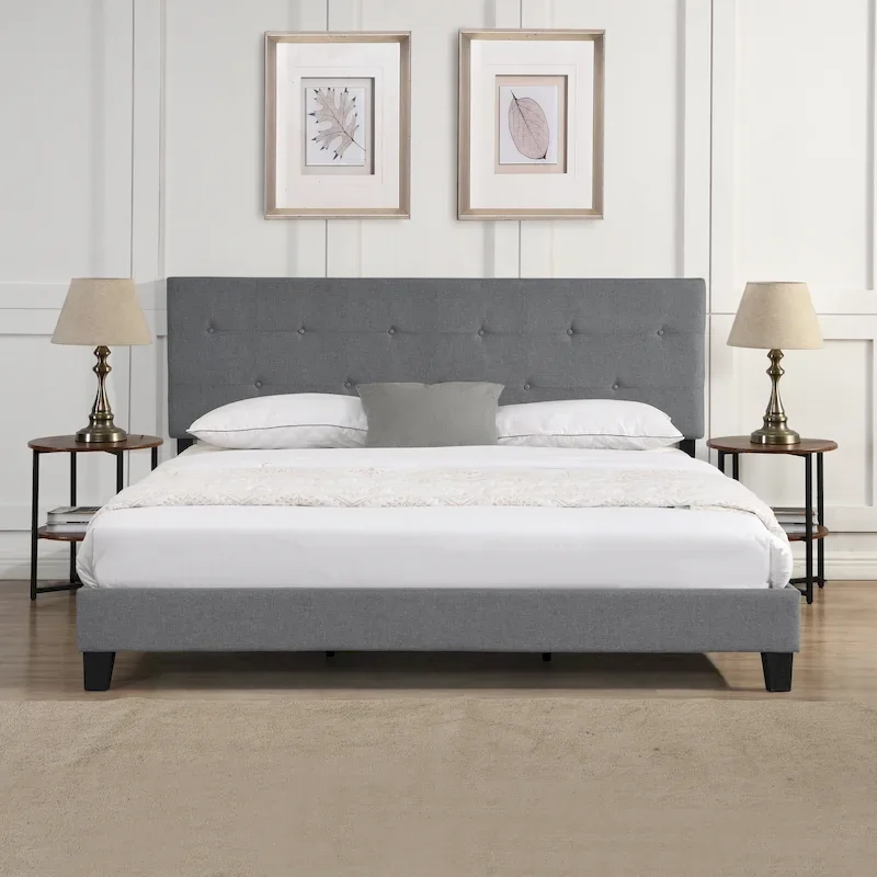 King Size Upholstered Platform Bed with Button Tufted Linen Fabric Headboard