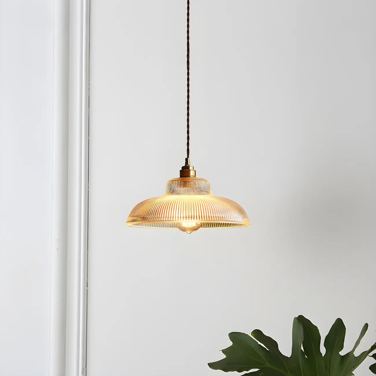Industrial Adjustable Ribbed Glass Brass Bowl Pendant Light