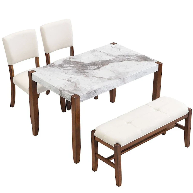 4-piece Dining Set with Faux Marble Style Table and 2 Upholstered Chairs & Bench with Wood Legs