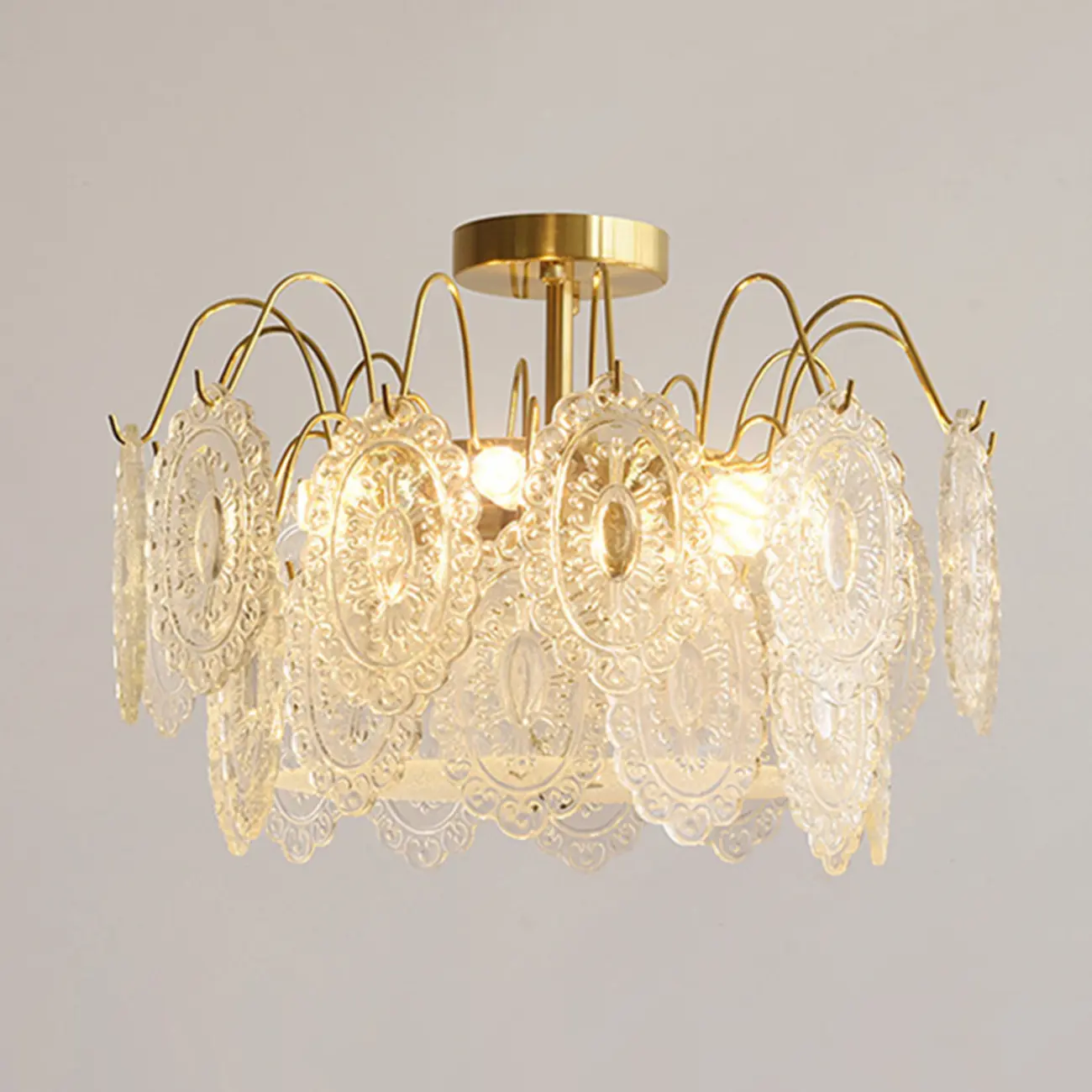 Elegant Round Gold Clear Glass Semi Flush Ceiling Light