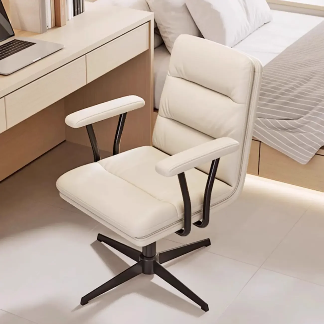 Elegant White Leather Ergonomic Swivel Office Chair