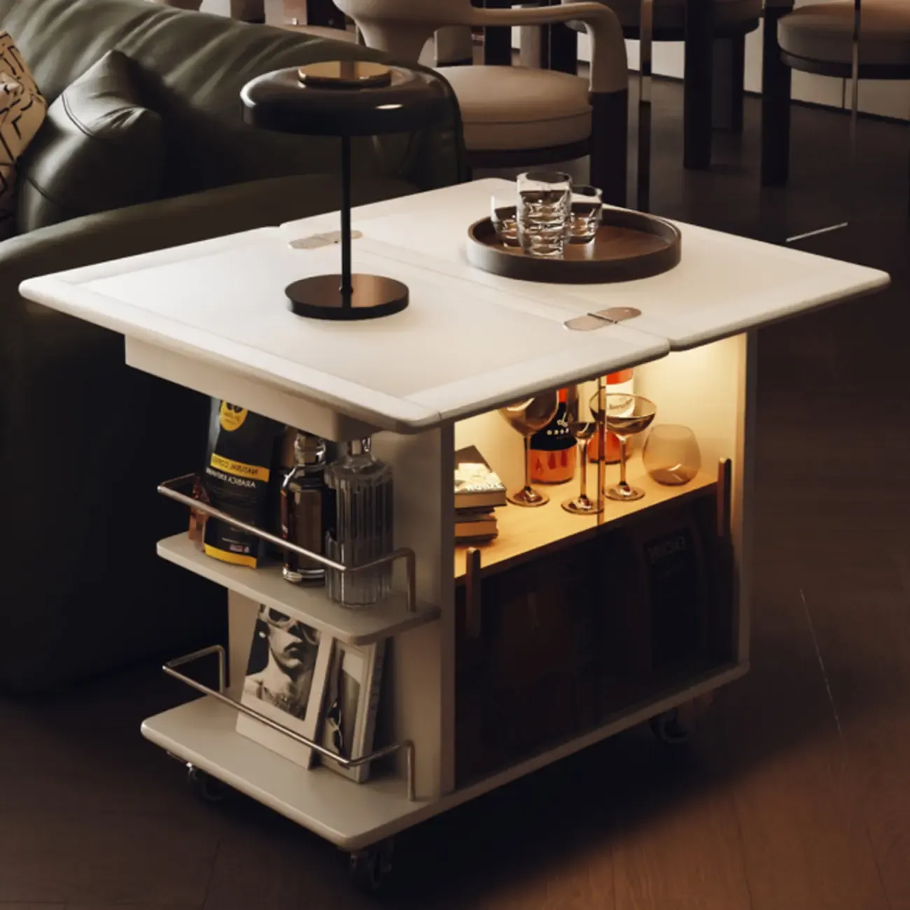 Elegant White Multi-function Wooden Wheel Side Table