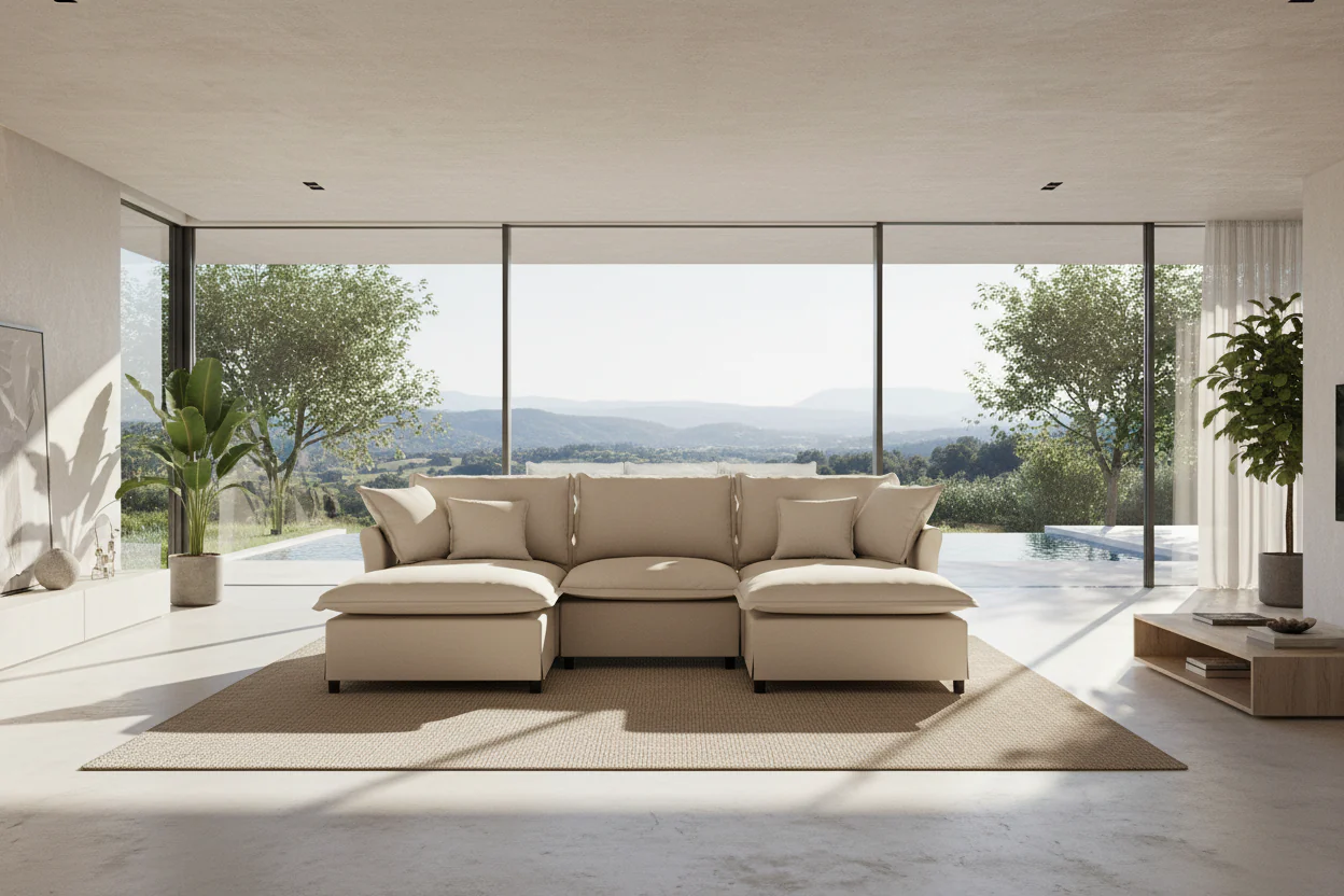 U Shaped Cloud Couch Set Chenille Sectional Sofa w/Ottoman, Pillows