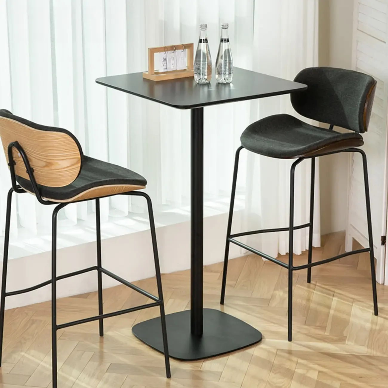 Minimalist Square Black Bar Table Metal Base for 2 Seats