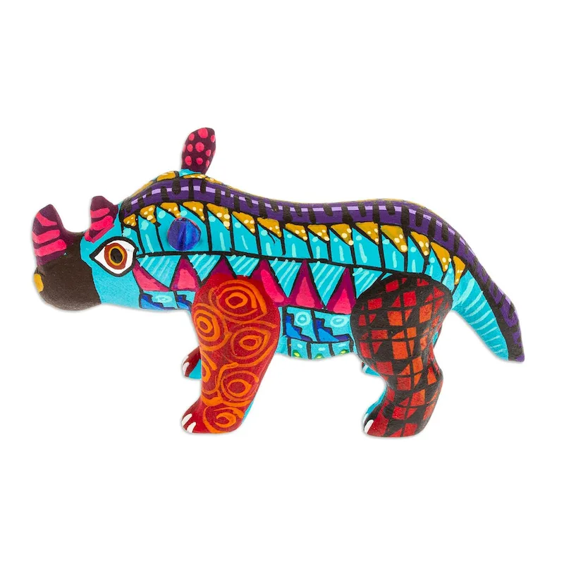 Novica Handmade Aquamarine Rhino Wood Alebrije Figurine