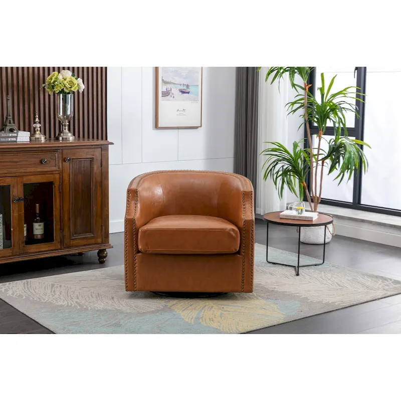 GALDWIN PU Leather/Linen Upholstered 360Degree Swivel Rivet Barrel Chair for Living Room