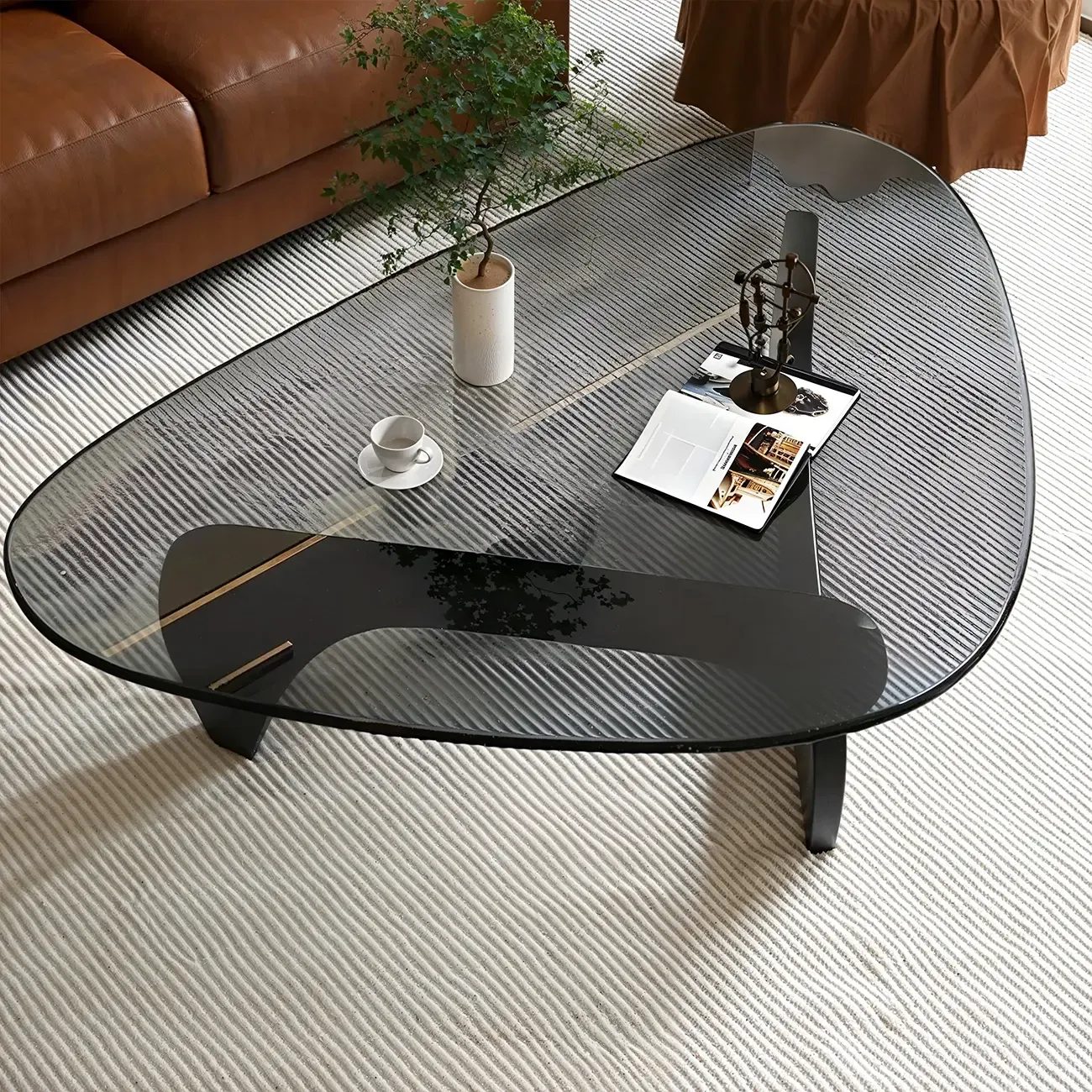 Modern Triangle Glass Coffee Table Wooden Base