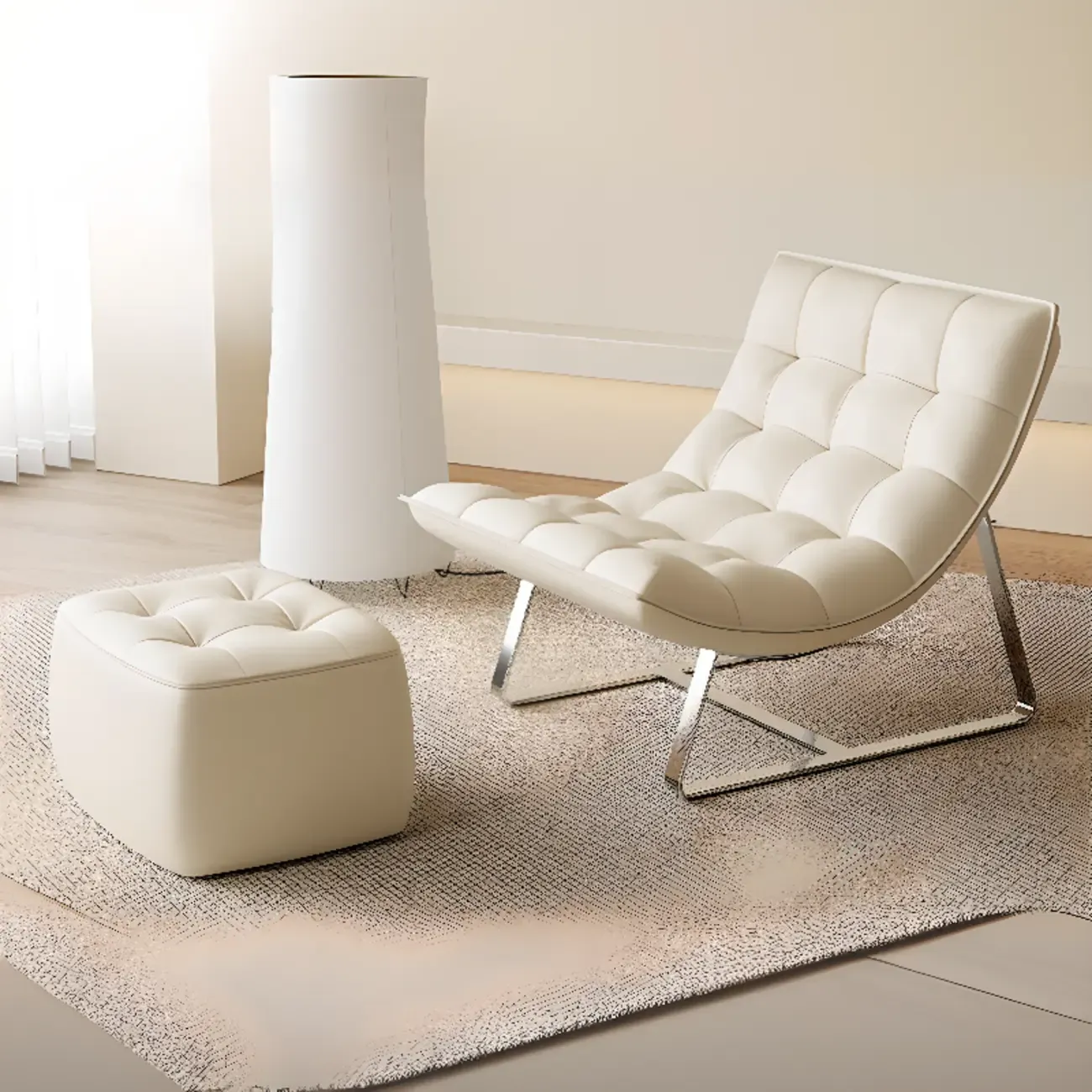Modern Tufted Leather Accent ArmChair with Ottoman