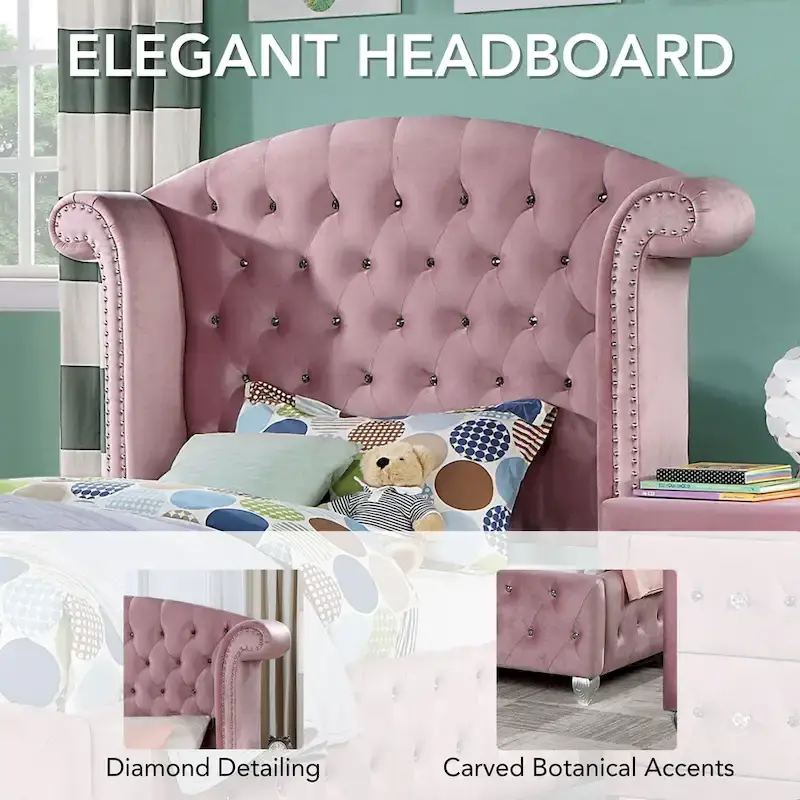 Vyvi Glam Upholstered Pink Button Tufted Wingback Panel Bed by Furniture of America