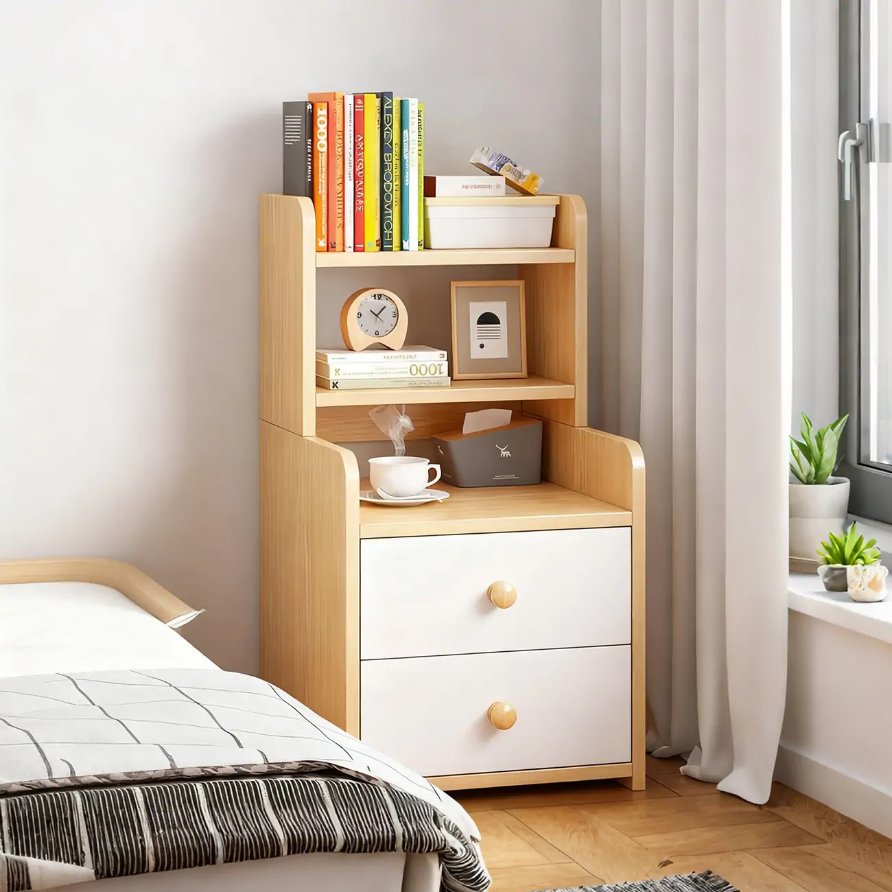 Modern Tall Wood Spacious Shelves 2-Drawer Nightstand