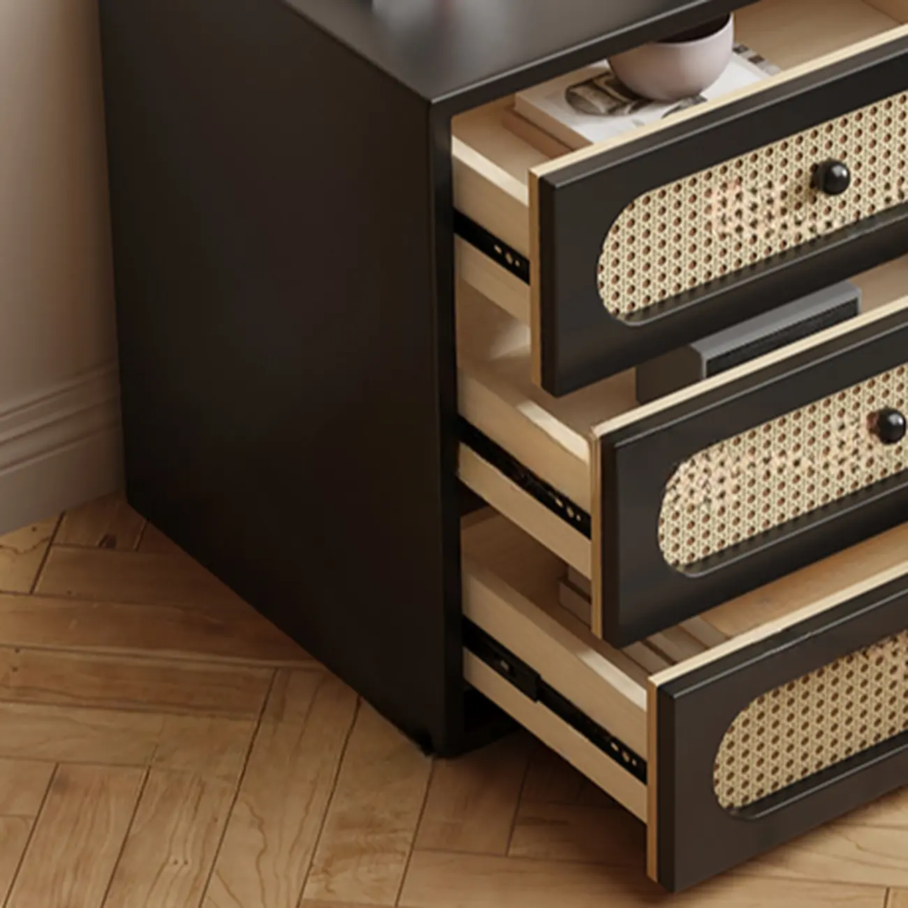 Functional White Wood Ratten 3-Drawer Narrow Nightstand