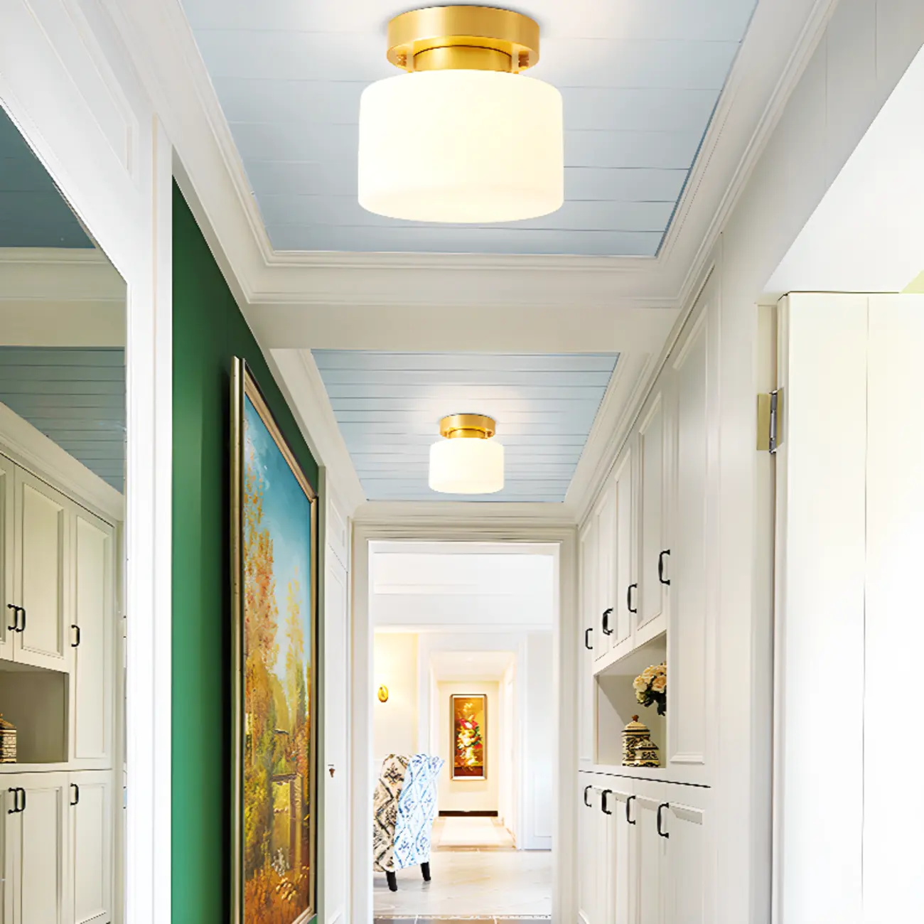 Modern White Glass Drum Golden Semi Flush Ceiling Light