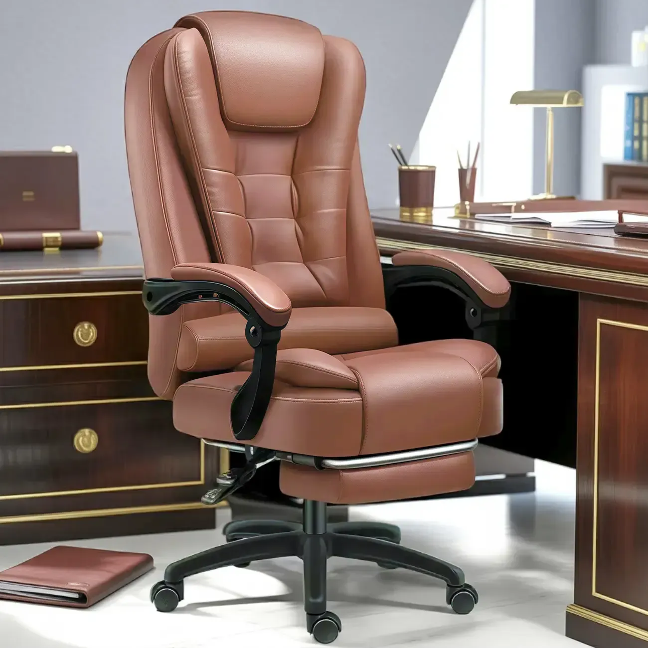 Ergonomic Black Leather Swivel Office Chair with Footrest