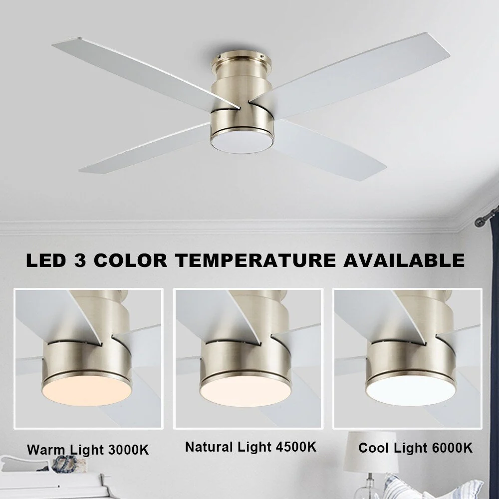 WINGBO 44/52 Inch Flush Mount DC Ceiling Fan with Lights and Remote, 4 Reversible Blades