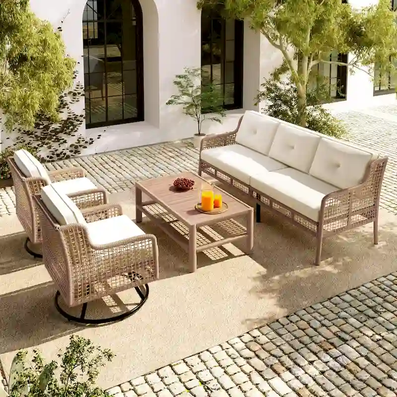4-Piece Rattan Conversation Sofa Set with Swivel Chairs & Table