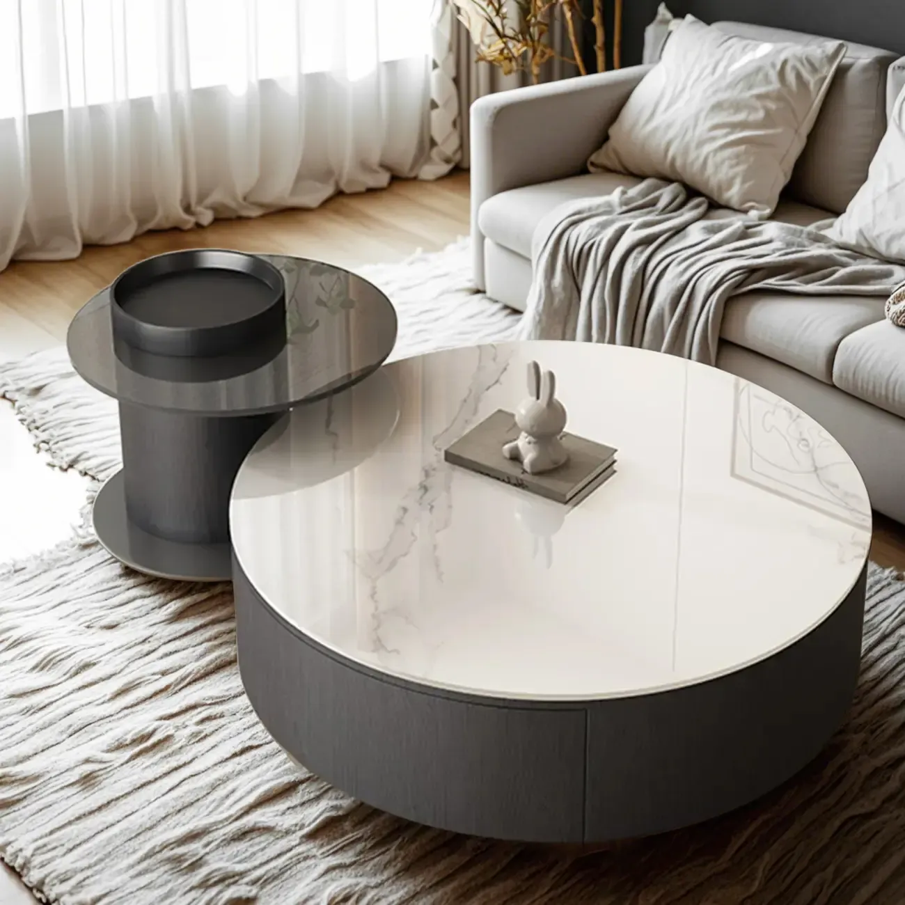 Black Modern Sleek Nesting Round Wood Drawer Coffee Table
