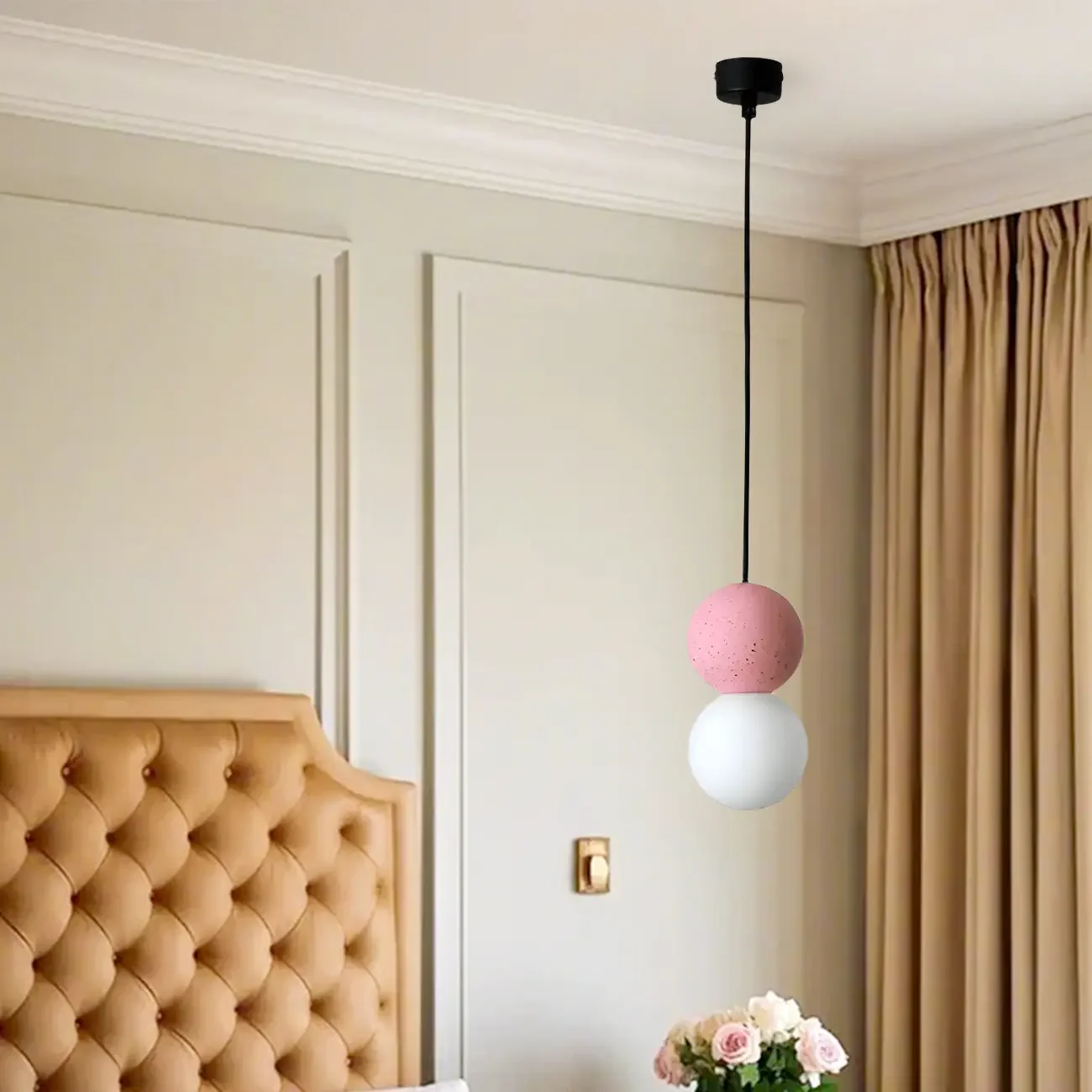 Minimalist Milky Glass Globe Pendant Lamp with Beaded Detail for Bedside