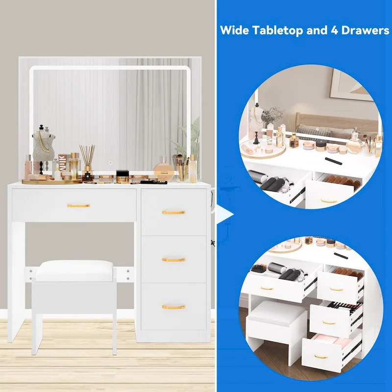 Moasis Vanity Set with Led Lights Makeup Desk Dressing Dresser Desk Table with 4 Drawer - 35.43L x 15.74W x 53.54H