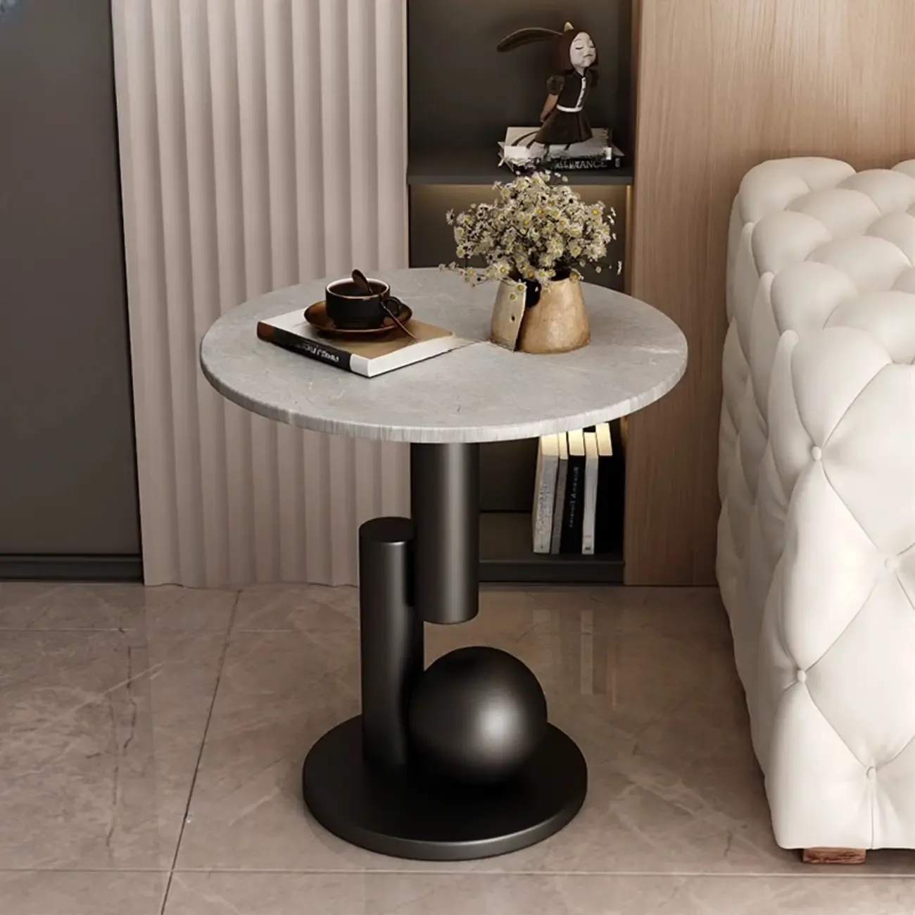 Glam Round Stone Top End Table Abstract Base