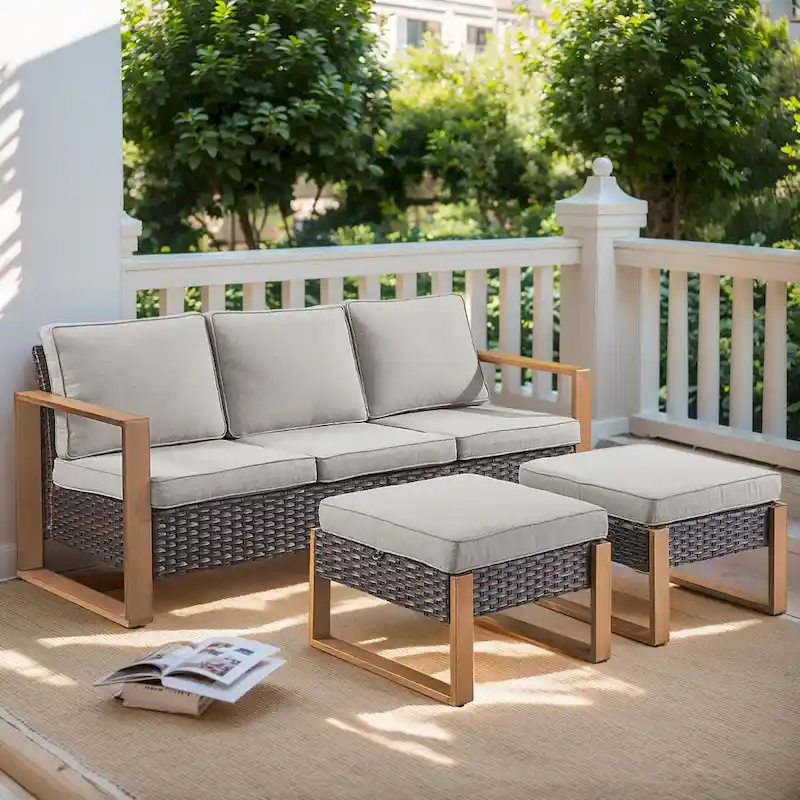 Gymojoy PE Rattan Sofa Deep Seating Sofa with Ottoman - Brown