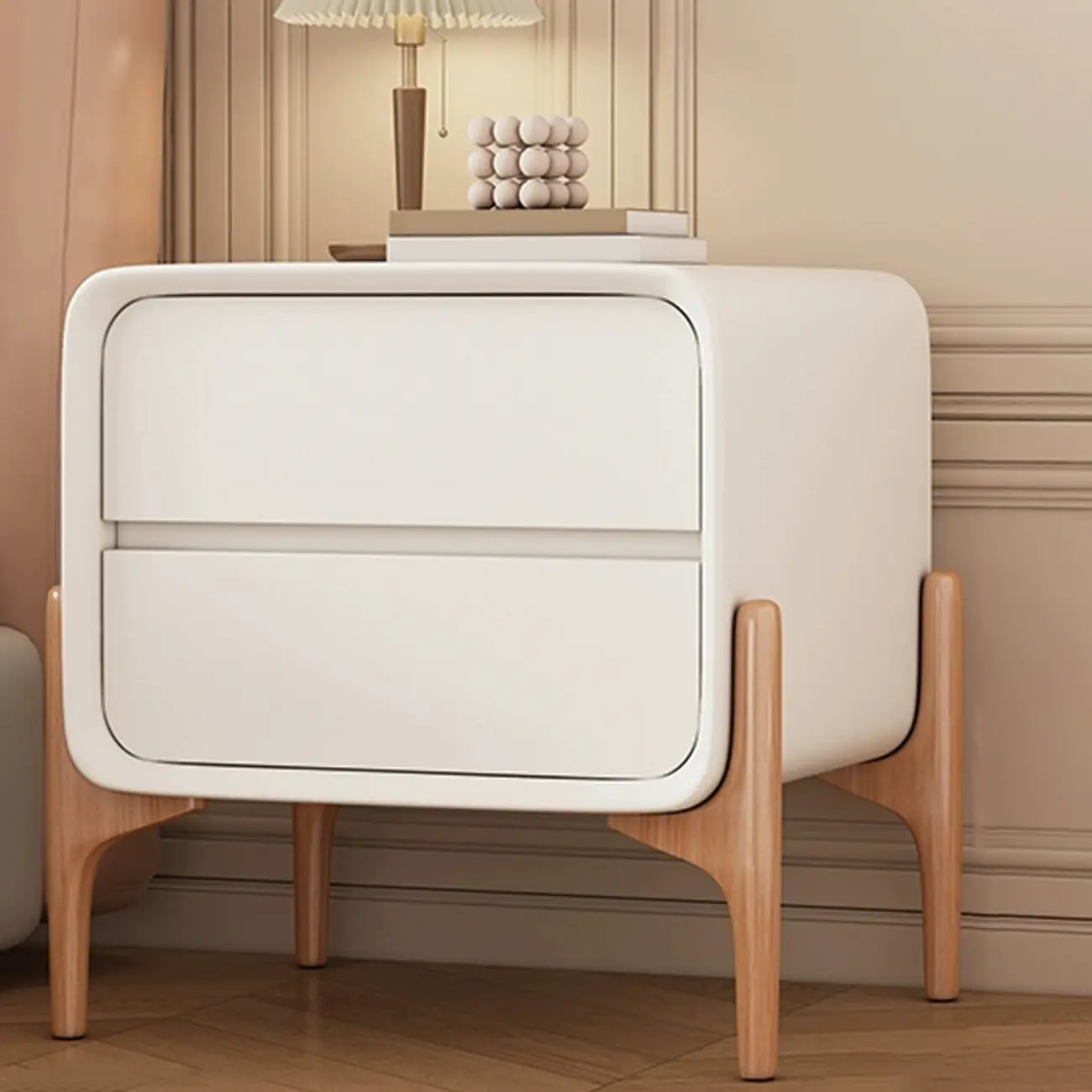 Simple Curved Wooden Faux Leather 2 Drawer Nightstand