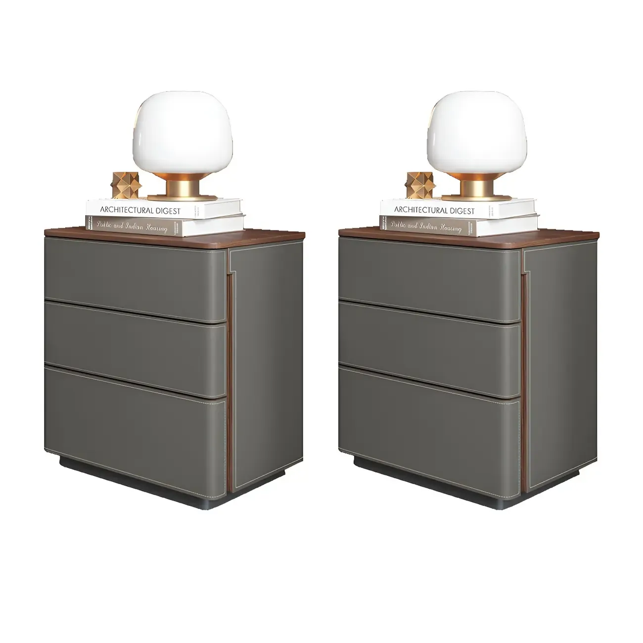 Modern Faux Leather Wood Top Drawers Nightstand