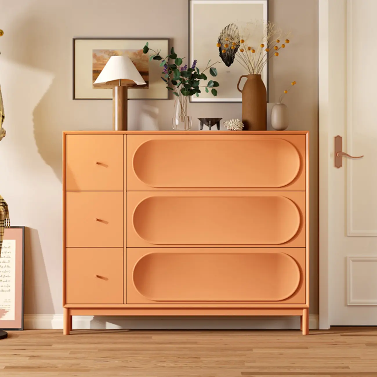 Cream Wooden Drop Front Shoe Cabinet with 3 Drawers