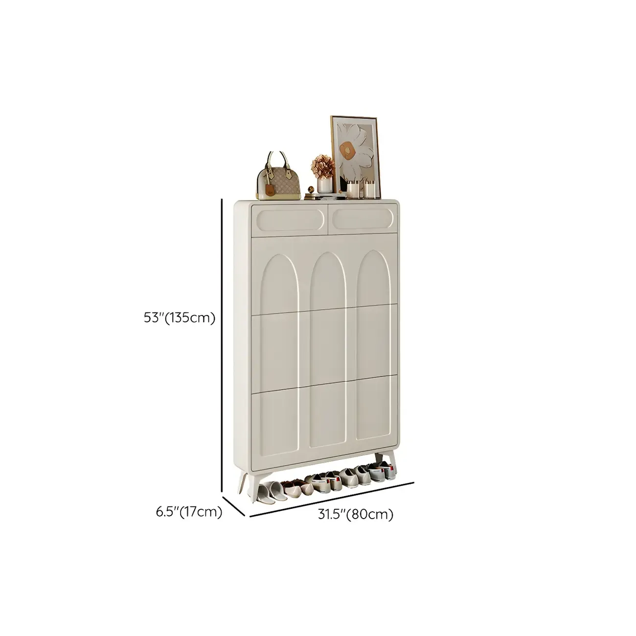 Vertical Slim White Wooden Drop Front Shoe Cabinet