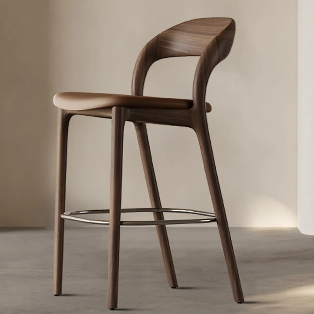 Mid-Century Modern Wood Faux Leather Bar Stool