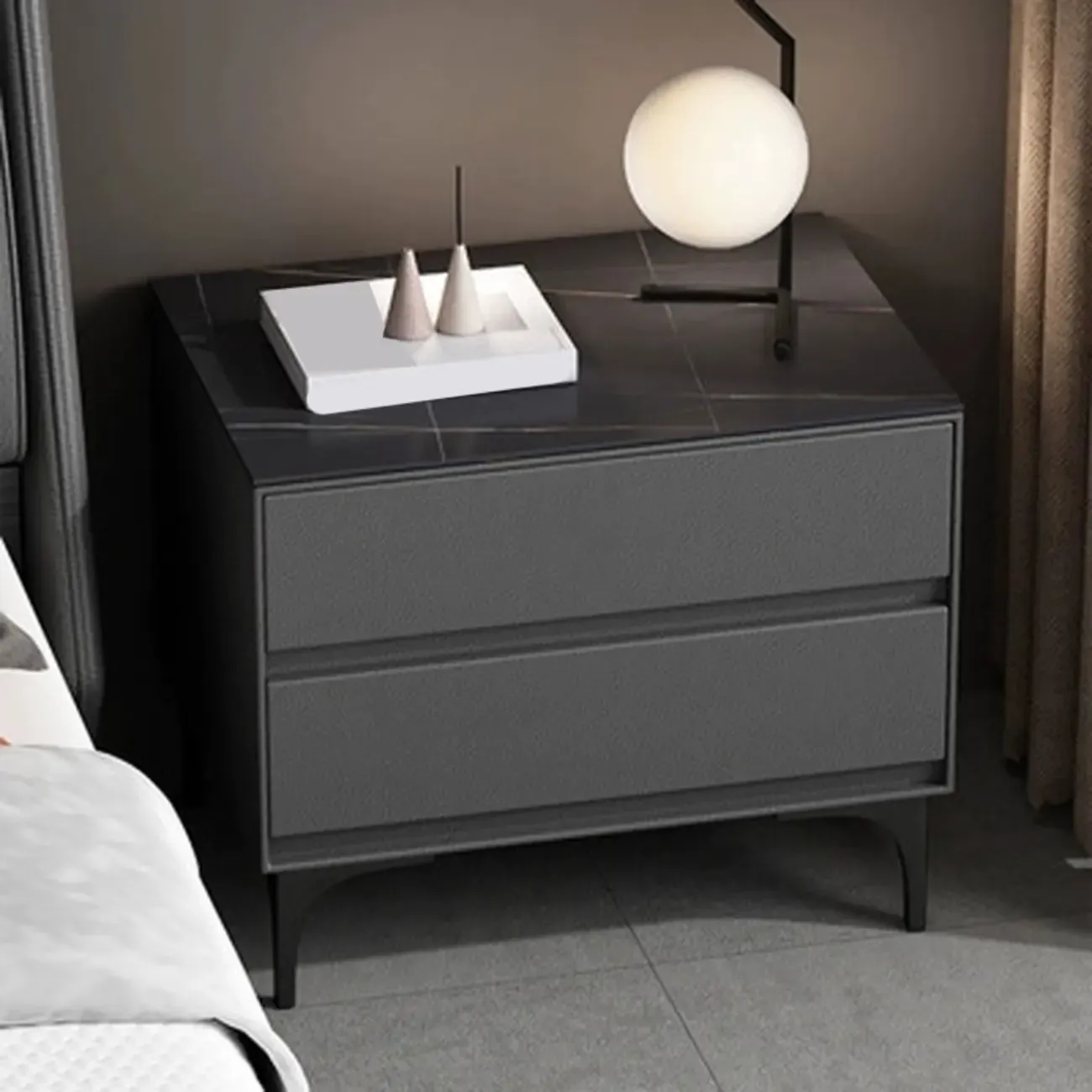 Modern Stone Top Faux Leather 2-Drawer Nightstand