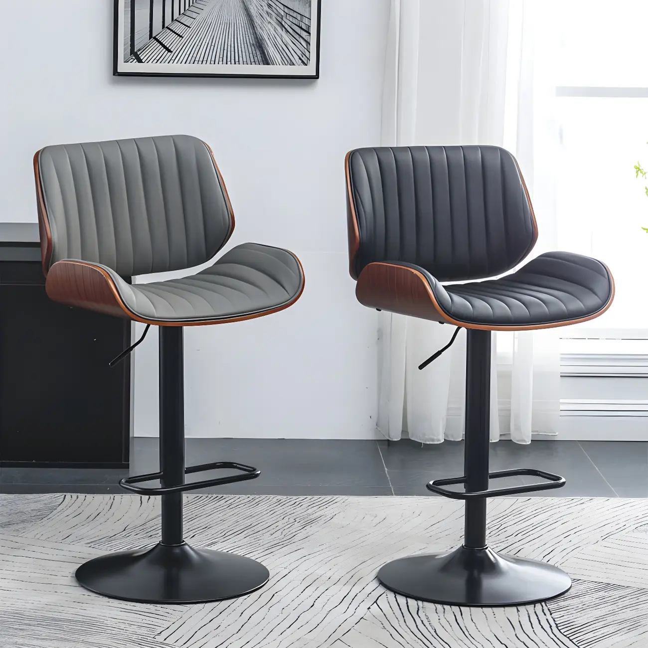 Elegant Wood Leather Red Swivel Adjustable Bar Stool