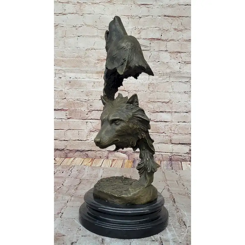 Howling Wolves Bronze Sculpture  Striking Dual Imitative Wolf Heads On Marble Base