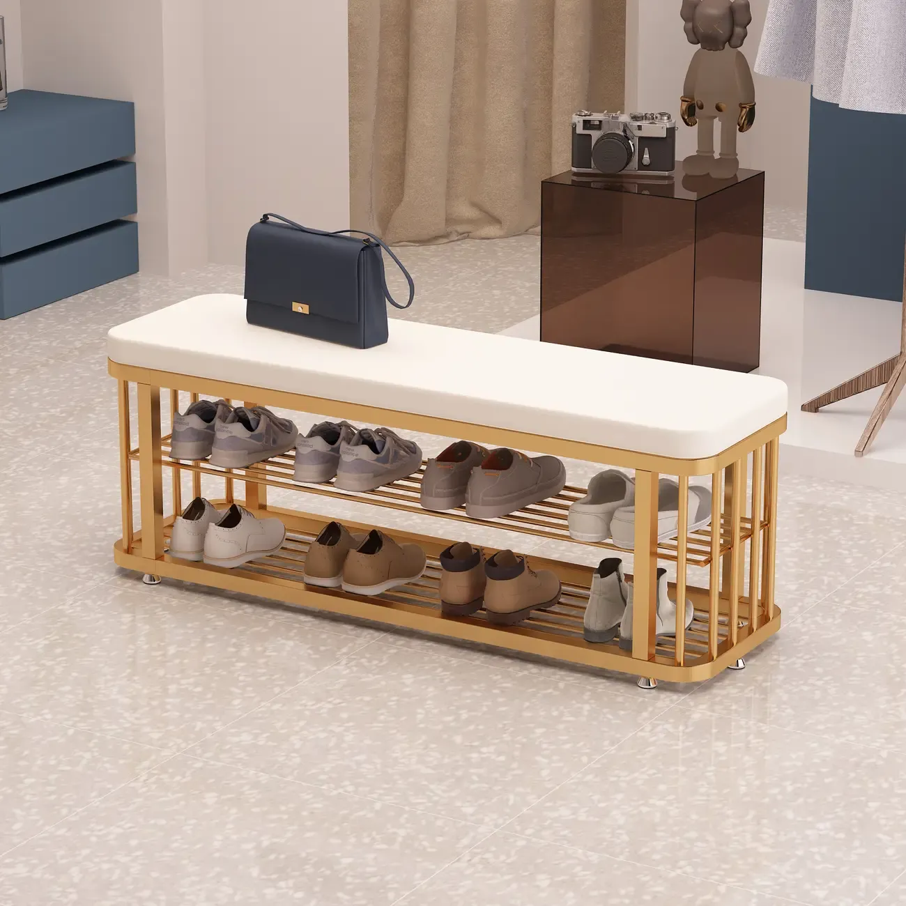 Simplistic Gold Metal Shoe Bench with Padded Upholstery