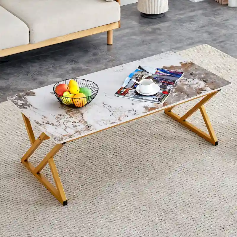 47 Modern Rectangular Coffee Table with Sintered Stone Tabletop and X-shaped Metal Legs