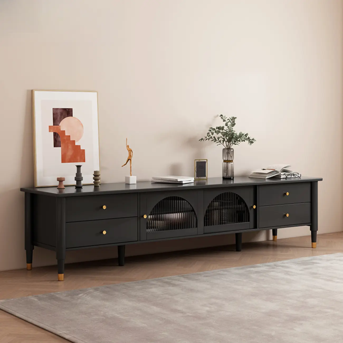 Long Brown 2-Drawer Pine Modern TV Stand with Cabinet