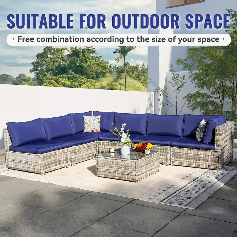 7-Piece Wicker Patio Conversation Set with Cushions and Glass Table