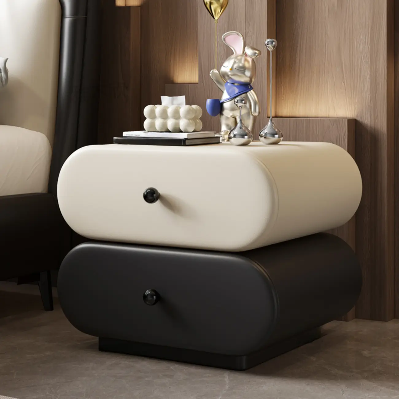 Modern Leather Wood Dual-Tone Drawers Nightstand