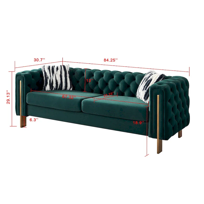 84.25 Luxurious Tufted Velvet Upholstered 3-Seater Sofa with Golden Metal Armrest Design and Buttoned Tufted Backrest