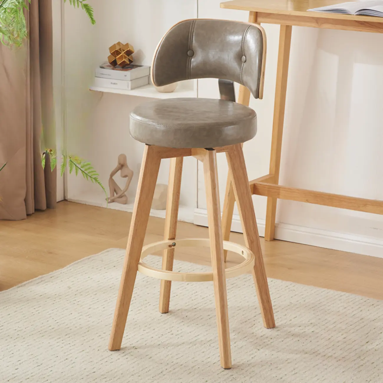 Natural Wood Round Leather Swivel Bar Stools