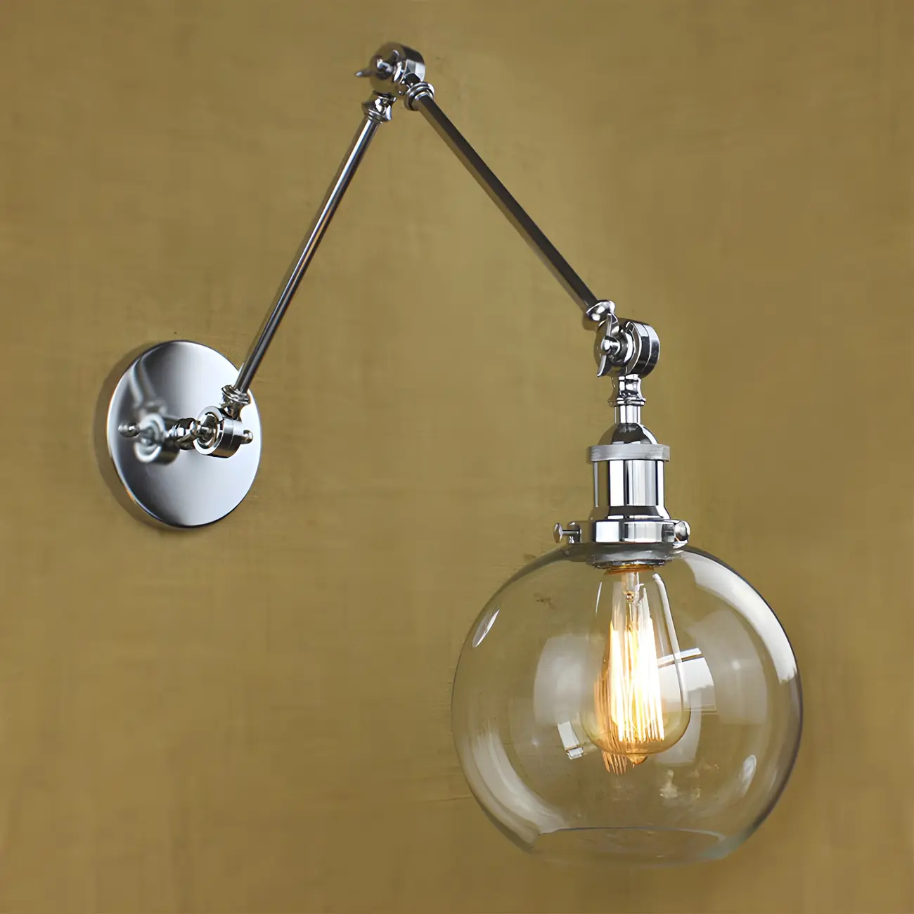 Industrial Silver Swing Arm Wall Light with Globe Clear Shade