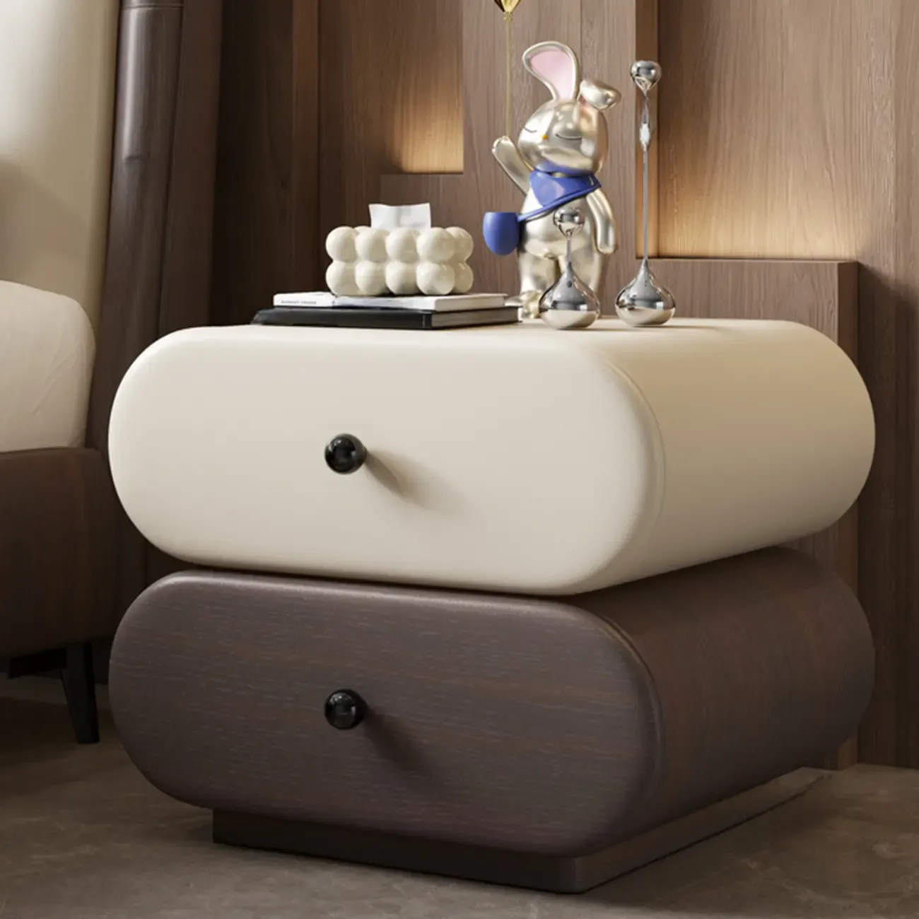 Modern Leather Wood Dual-Tone Drawers Nightstand