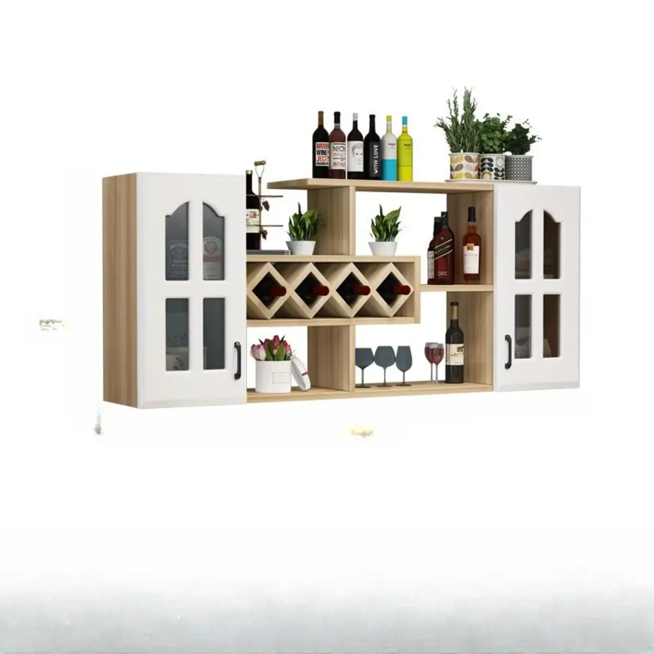 Wooden Wall-Fixed Bottle Holder Rack with Glass Holder Shelf